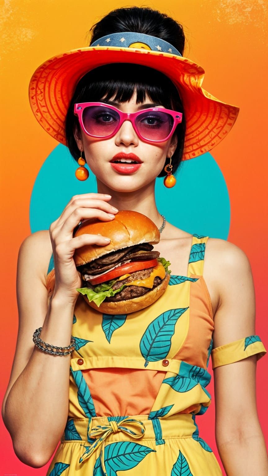 Woman Eating Hamburger: 80s Advertising Style