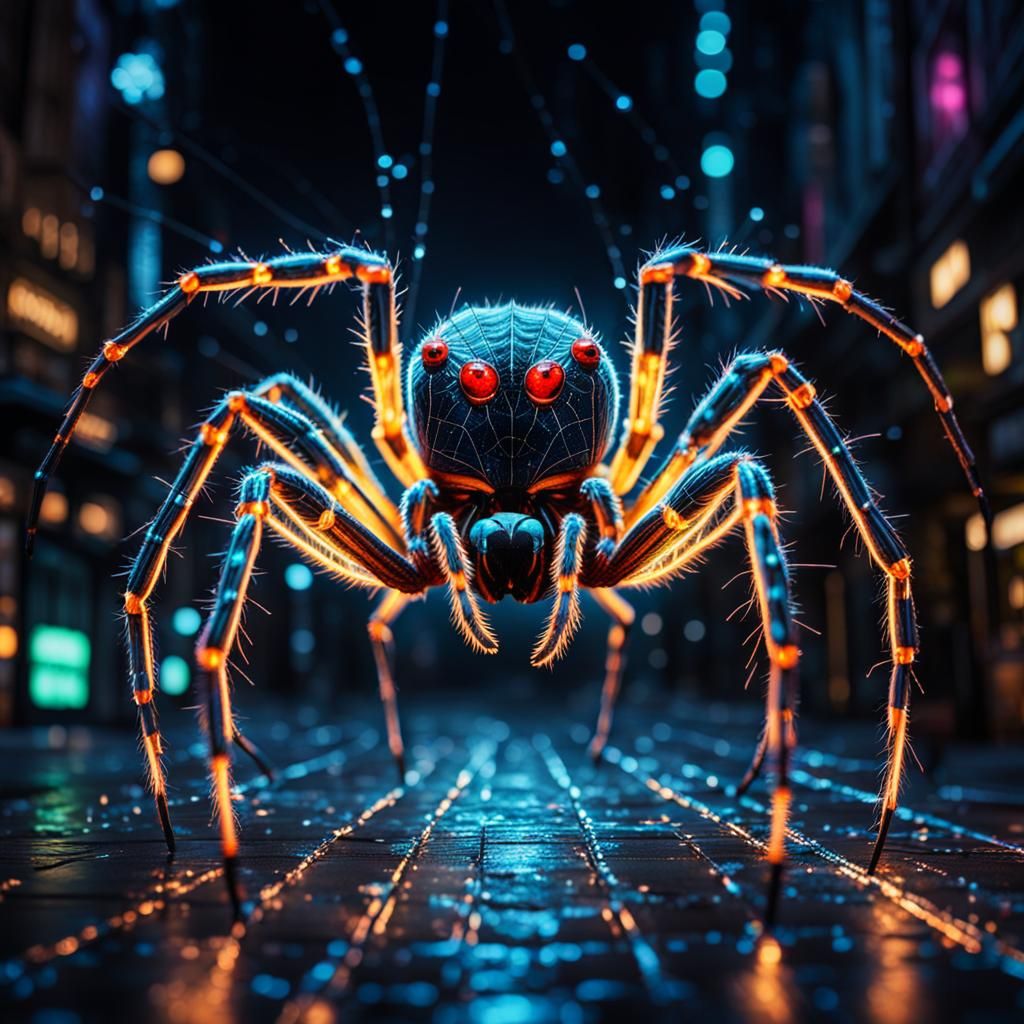 Illuminated Neon Spider at Night