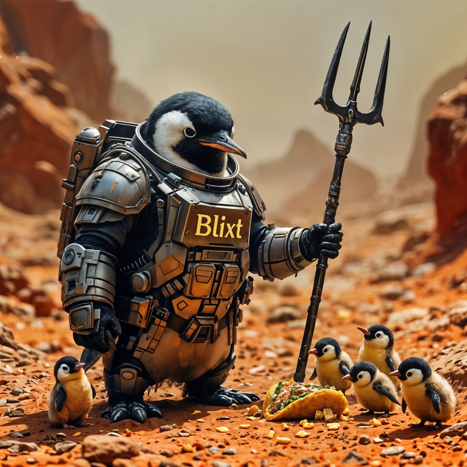 Penguin Soldier on Mars Handing Out Tacos
