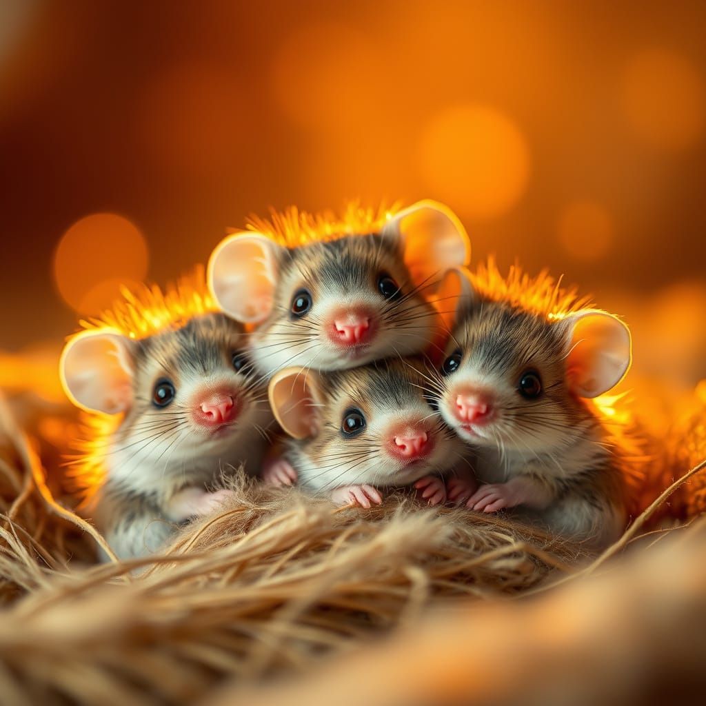 Whimsical Mice in Golden Light: Joyful, Hyper-Realistic Scen...