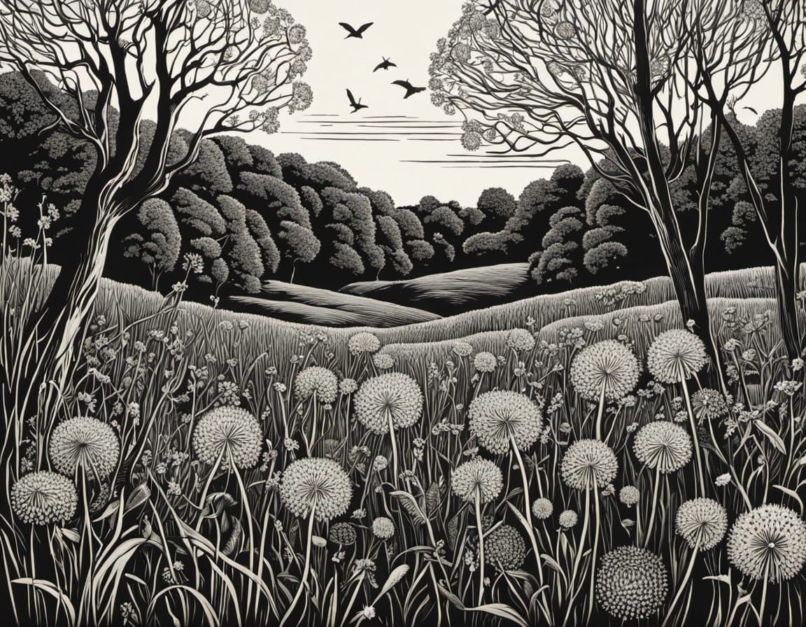 Dazzling Dandelion Meadow in Intricate Wood Engraving Style