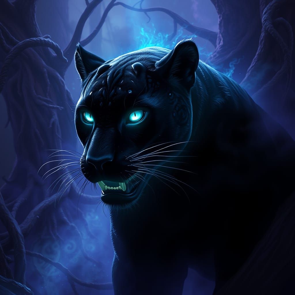 Ethereal Black Panther with Glowing Eyes in Dark Fantasy Sty...
