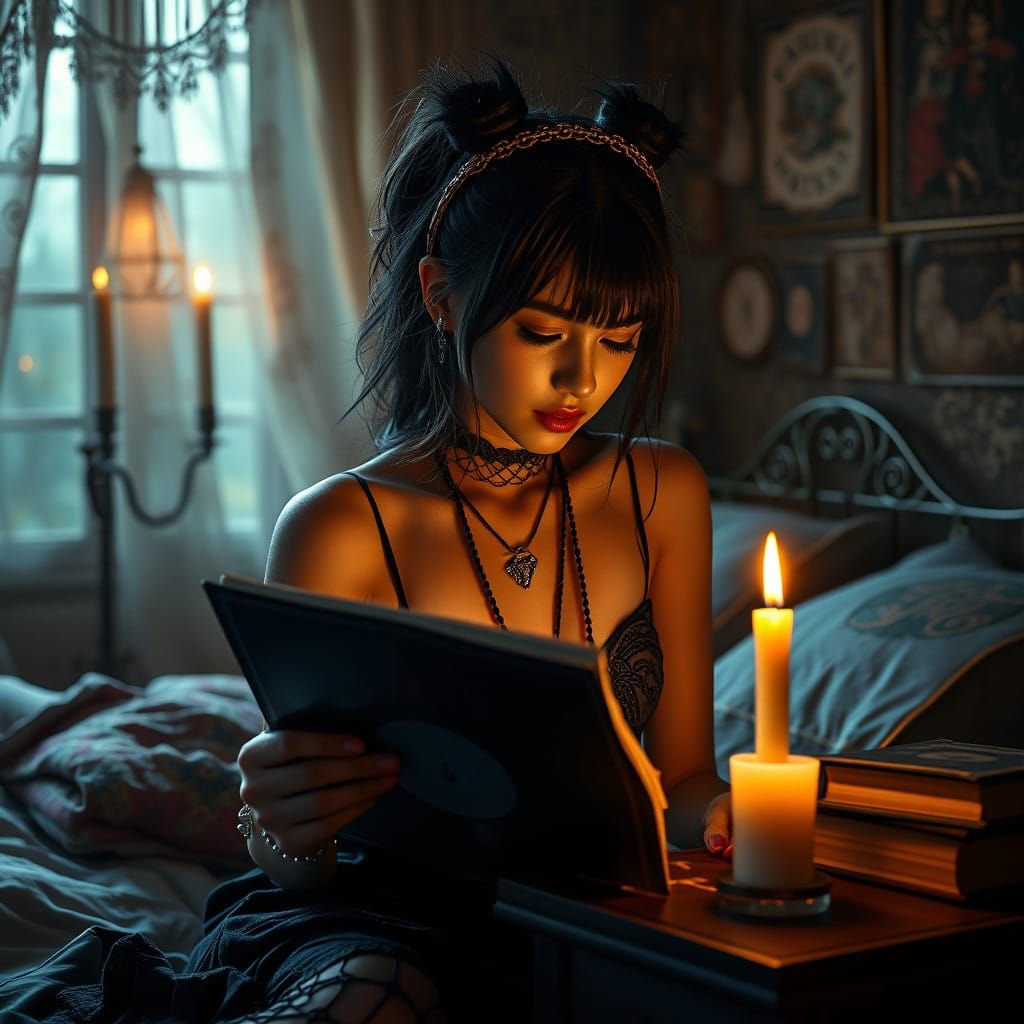 Goth Girl in Intimate, Candlelit Vinyl Oasis