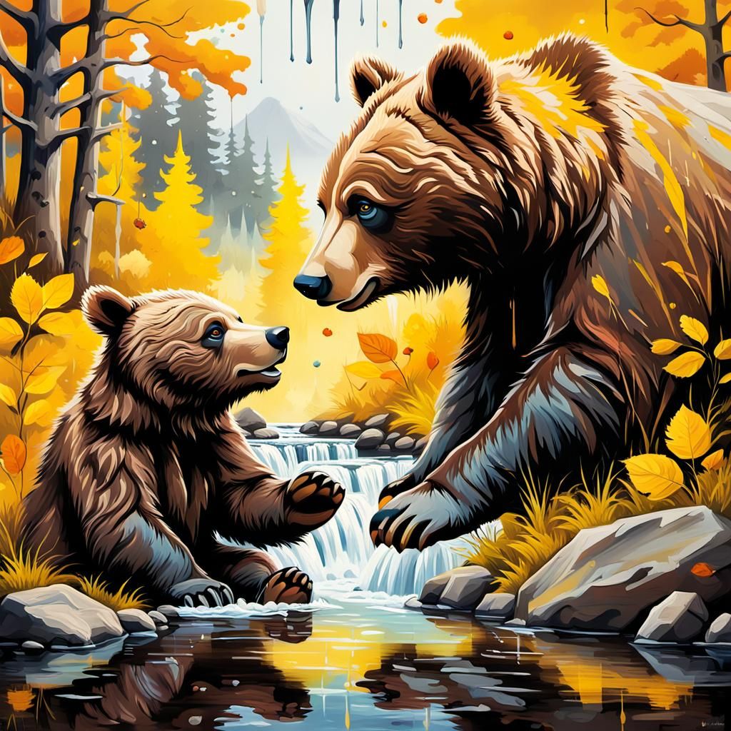 Bear Cubs Fishing: Graffiti Splash Art