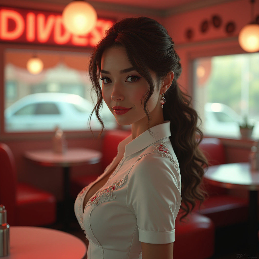 1950s Diner Waitress: Hyper-Realistic Matte Painting