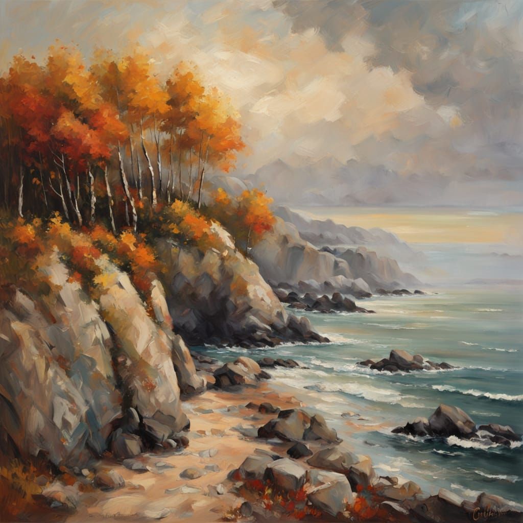 Impressionist Coastal Landscape Oil Painting with Autumn Col...