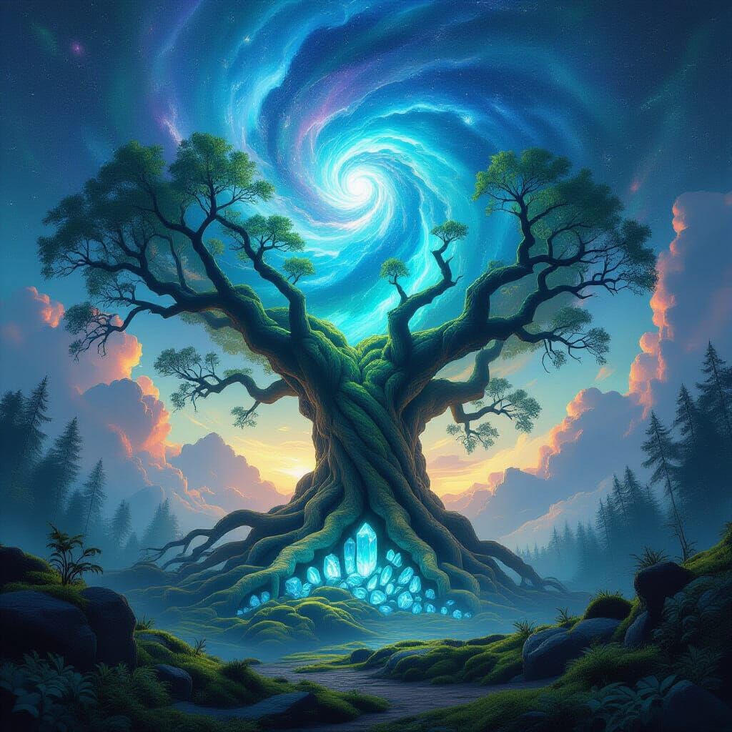 Ancient Crystal Tree Under Swirling Nebula Sky