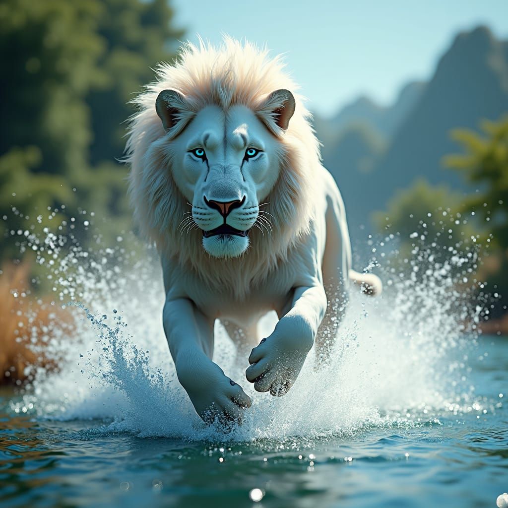 Majestic White Lion with Blue Eyes Galloping