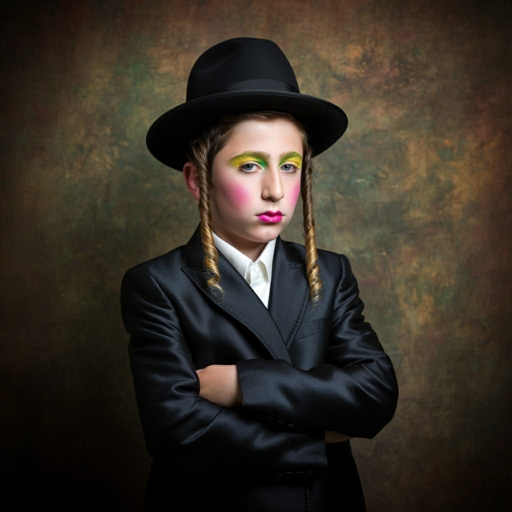 Confident Hasidic Youth with Bold Makeup and Style