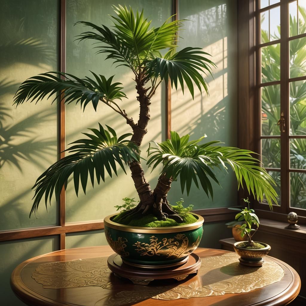 Bonsai Palm Tree in Asian Room: Photorealistic Digital Art