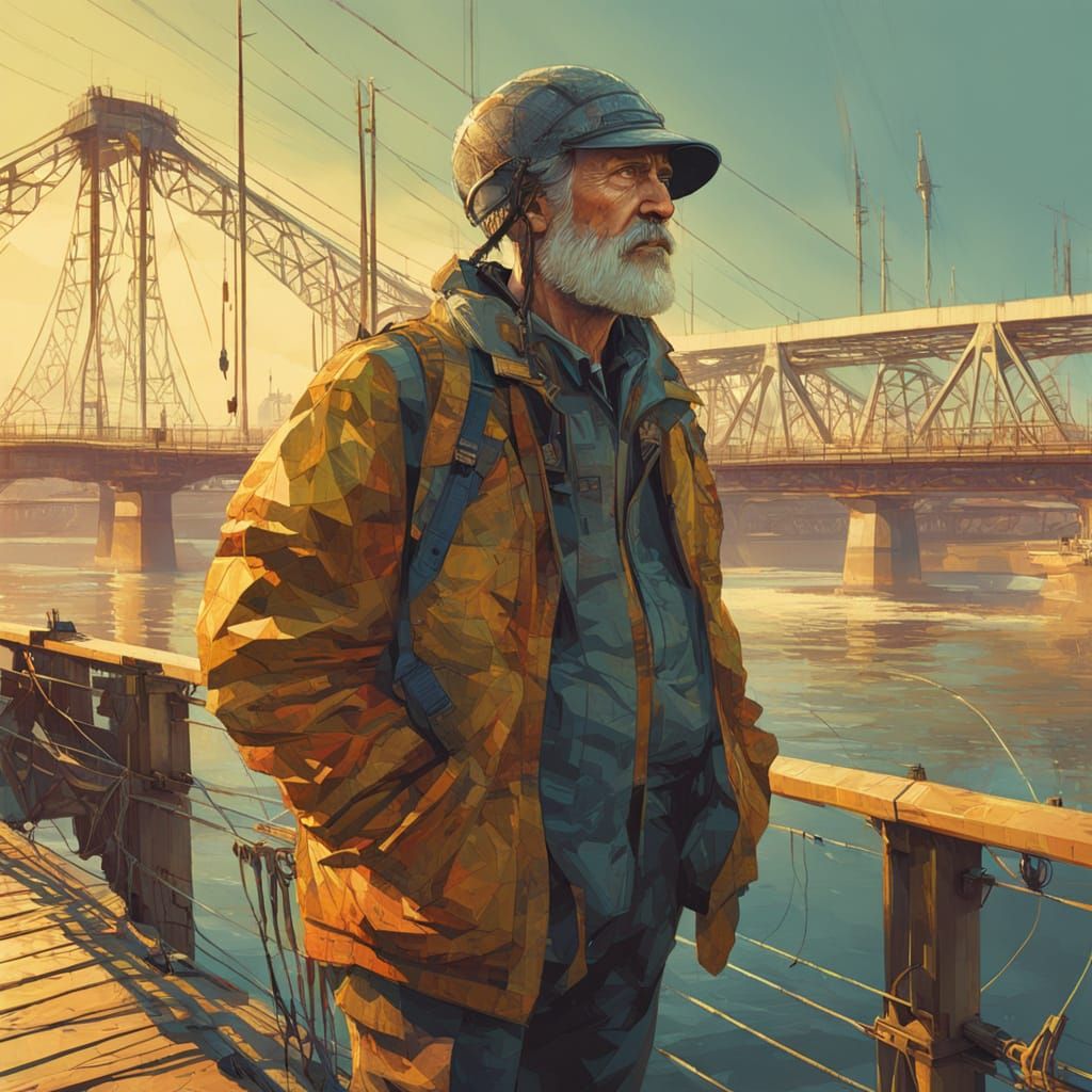 Withered Fisherman on Sunny River Bridge in Solarpunk Style