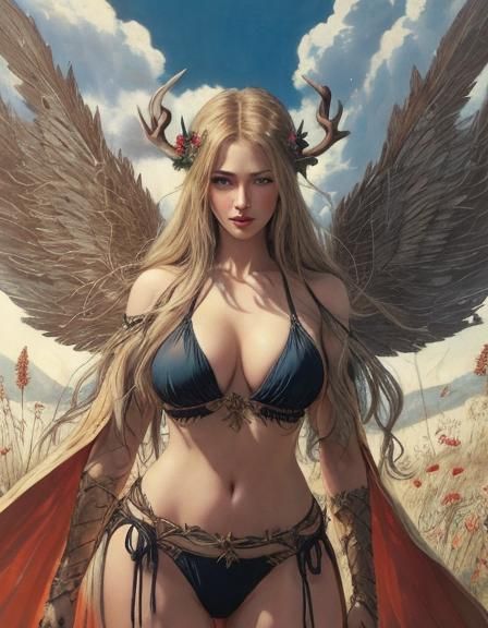 Winged Woman in Autumn Landscape, Golden Age Illustration