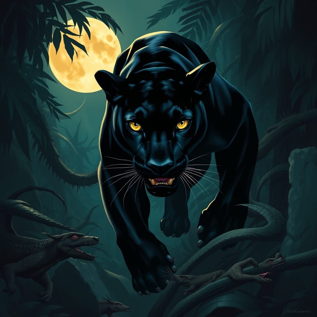 Black Panther Prowls Moonlit Jungle in Matte Painting Style