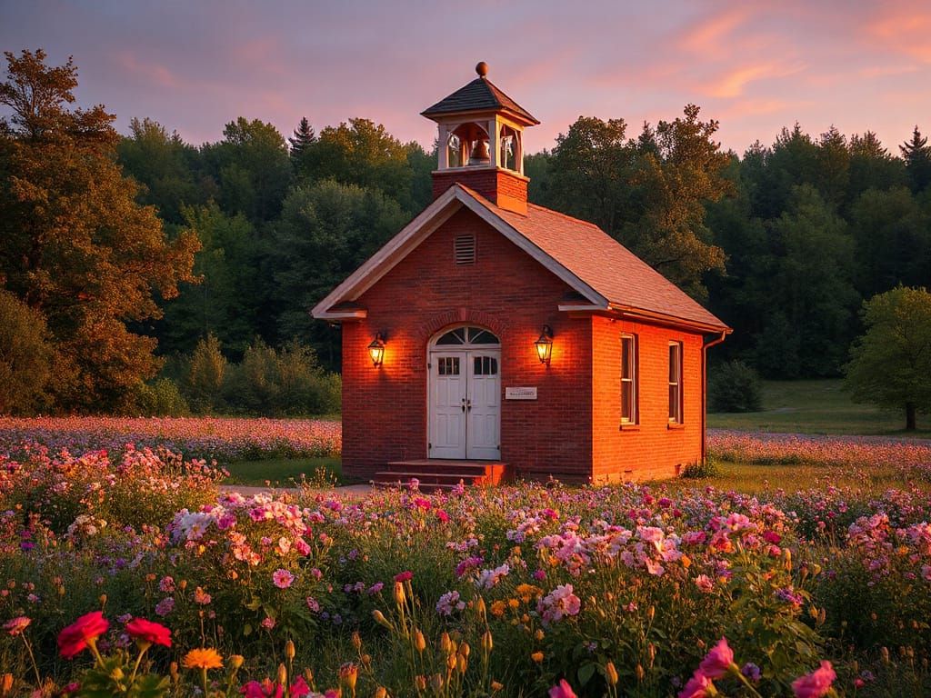 Victorian Schoolhouse on Prairie at Magic Hour