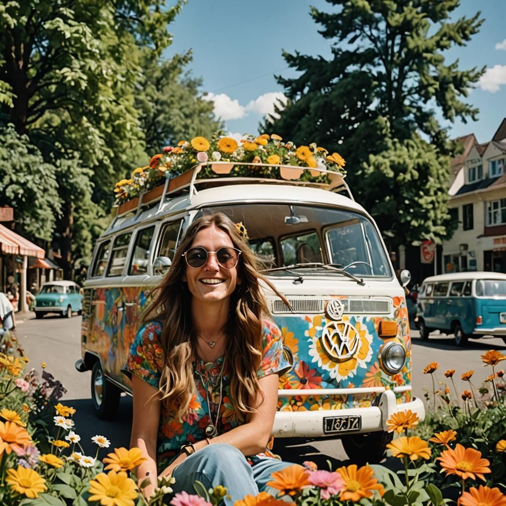 Happy Hippie Girl Driving a Flower VW Van