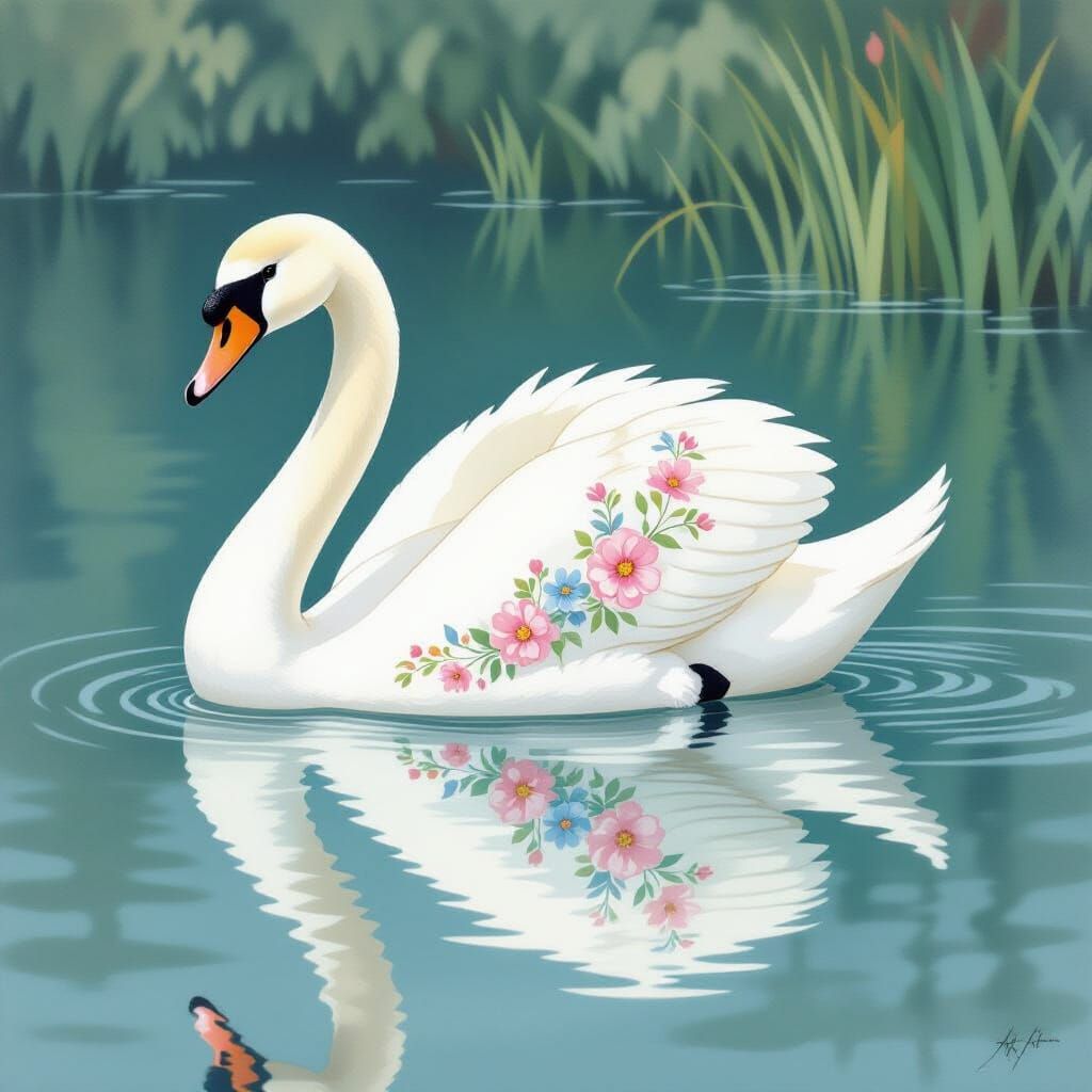 Porcelain Swan Glides on Still Lake