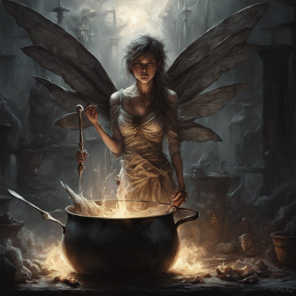 Fairy Stirring Porridge in Smoky Kitchen