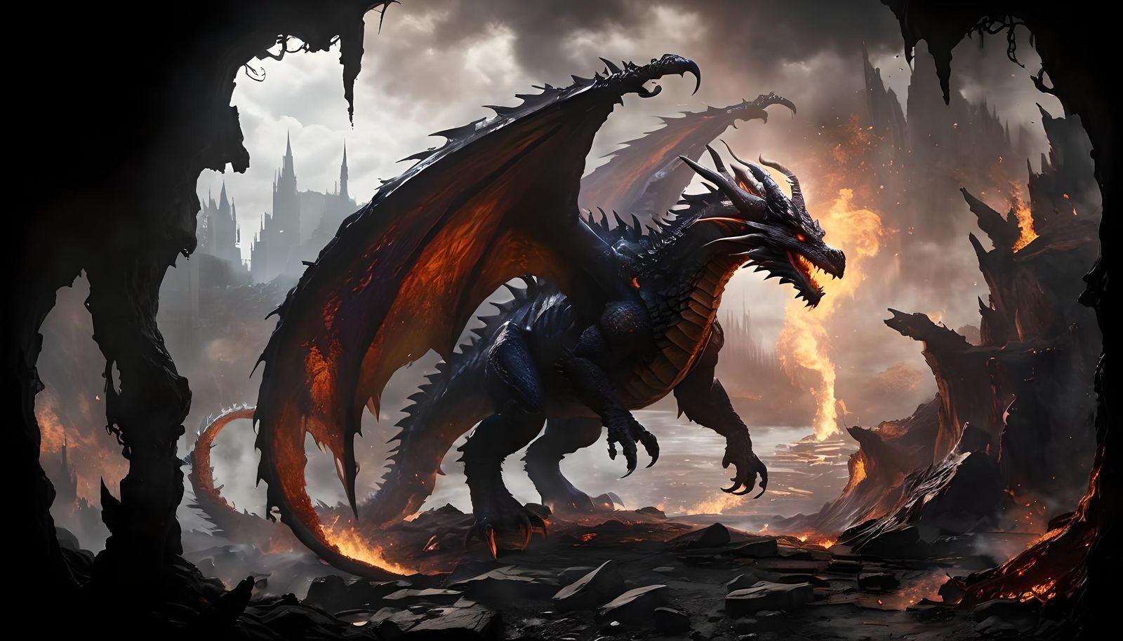 Demonic Fire Dragon in Dark Flames