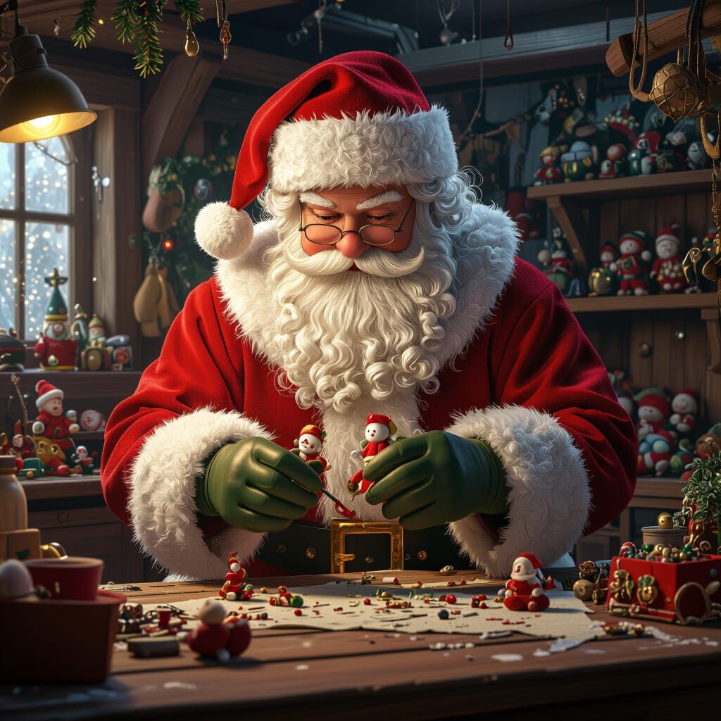 Santa Claus Crafting Toys in Fantastical Workshop