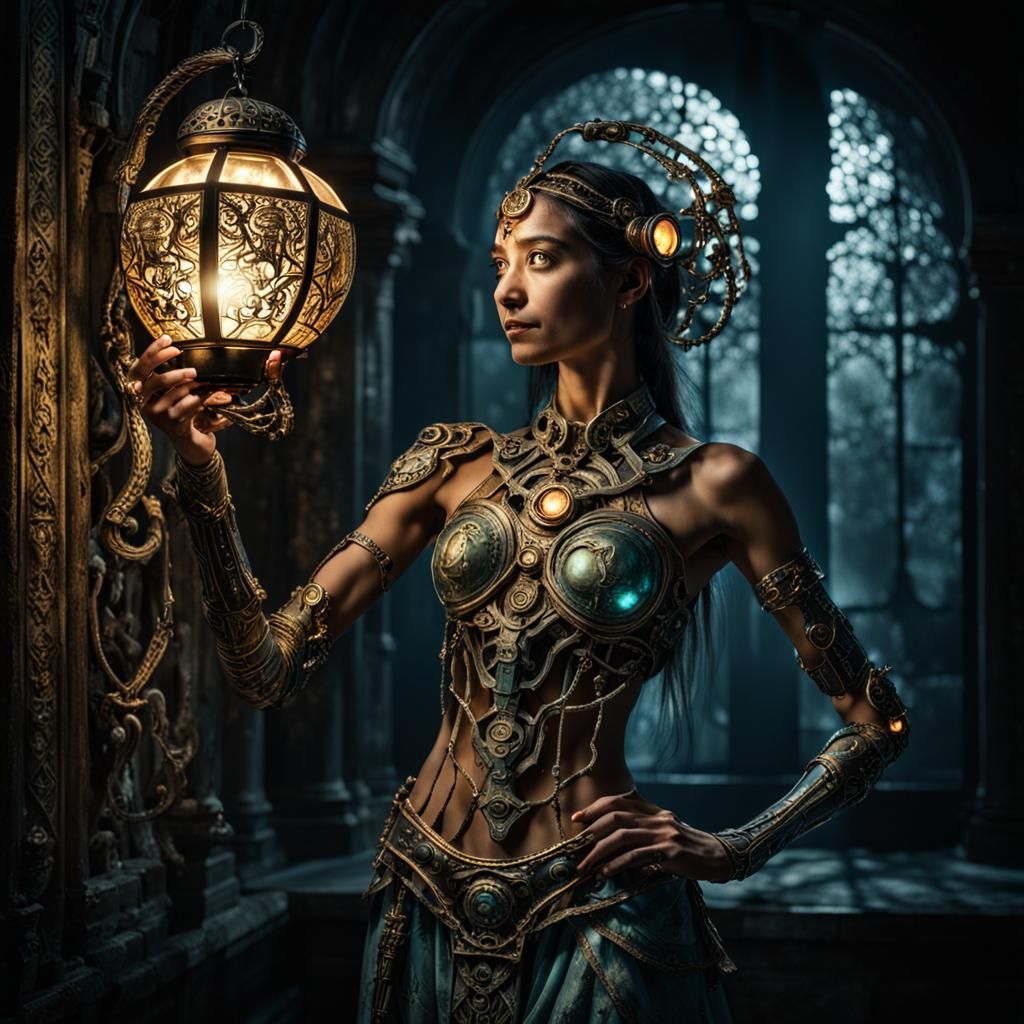 Ornate Woman with Lantern in Dark Biomechanical Setting
