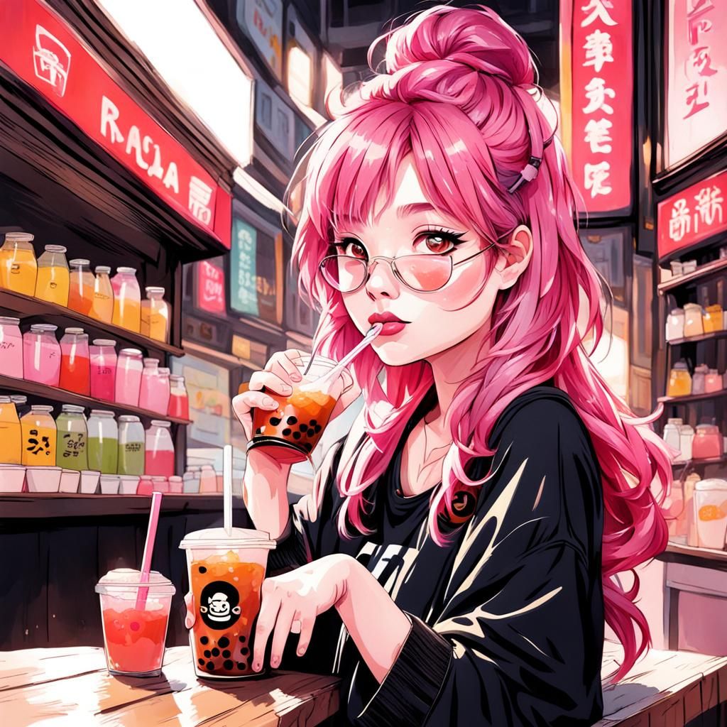 Cute Pink Haired Girl Drinking Boba Tea