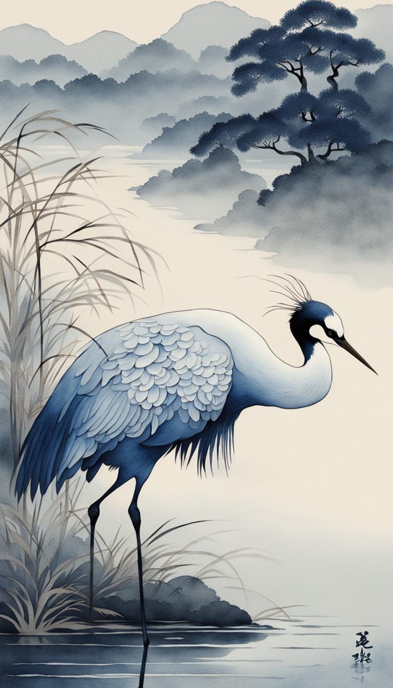 Elegant Oriental Crane in Sumi-e Style