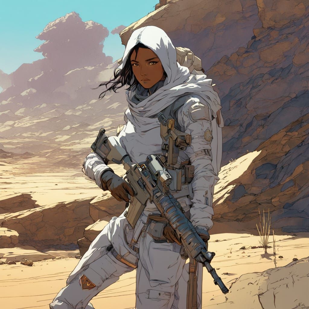 Cyberpunk Desert Warrior in Triadic Hues