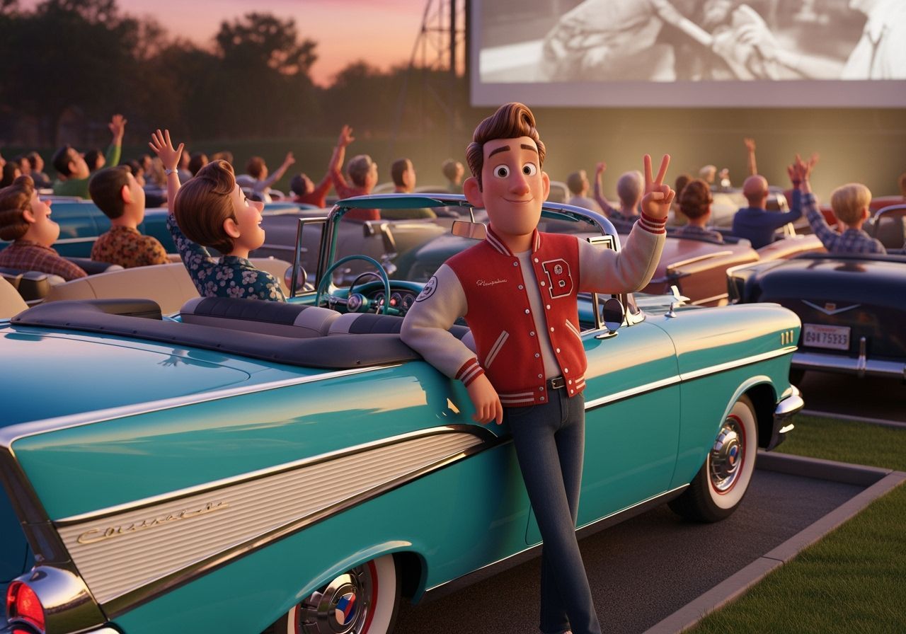 Pixar Style: Young Man and Classic Car at Drive-In