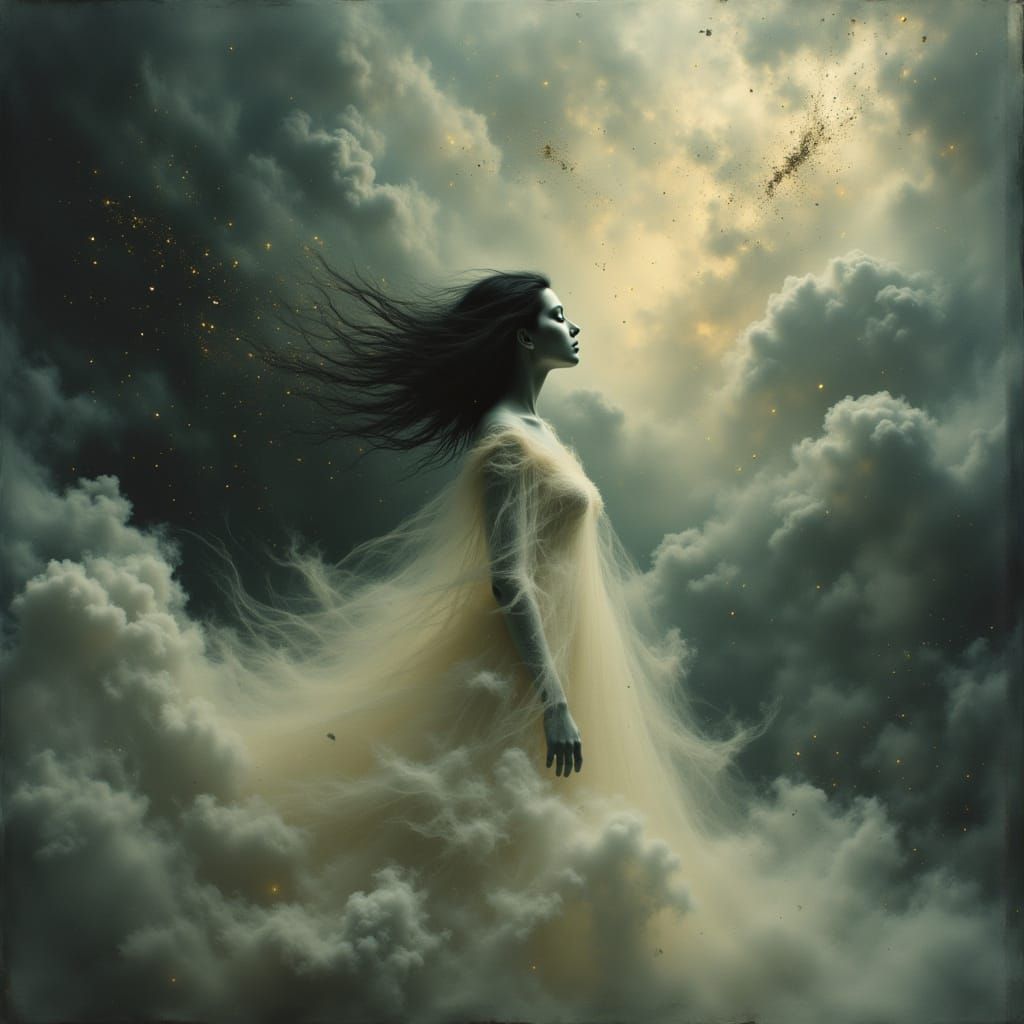 Dreamlike Portrait of Woman in Swirling Clouds