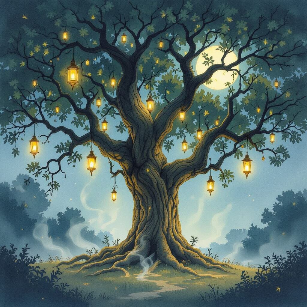 Ancient Oak Tree with Ethereal Lanterns in Moonlit Clearing