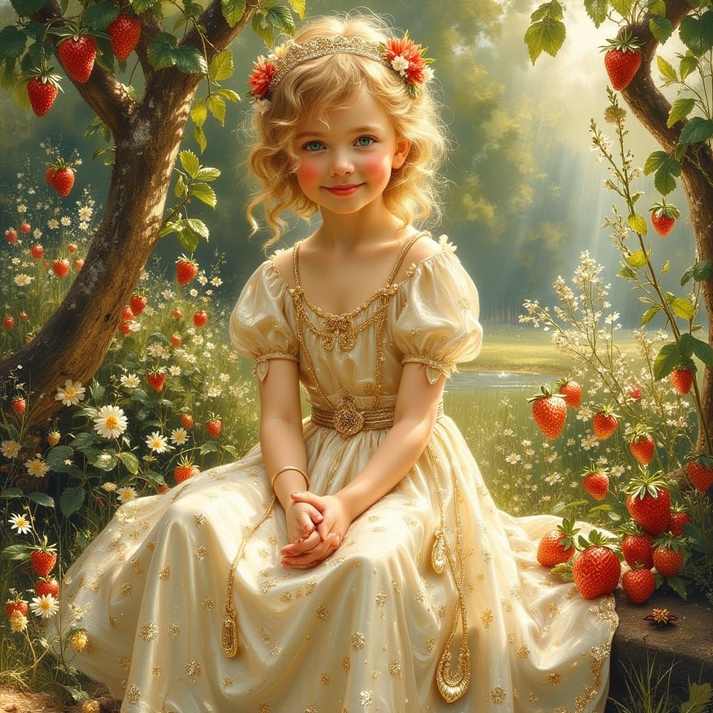 Delicate Girl in Garden with Fresh Strawberries