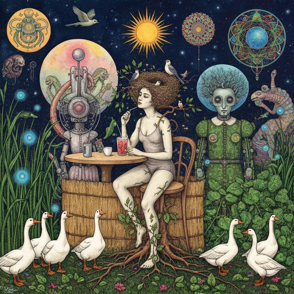 Woman in Cosmic Cafe with Nature Elements, Psychedelic Art S...