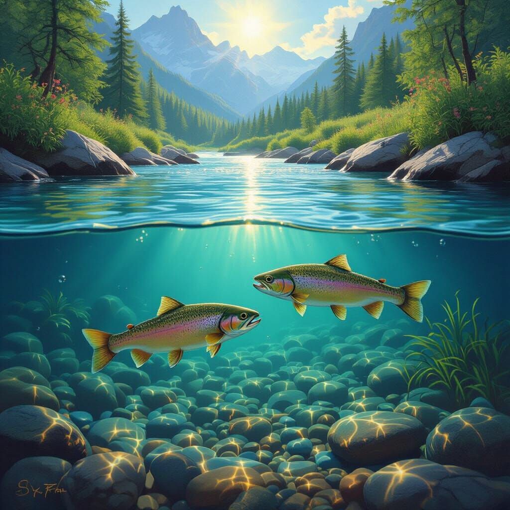 Trout Swimming in Mountain Stream with Sunlight