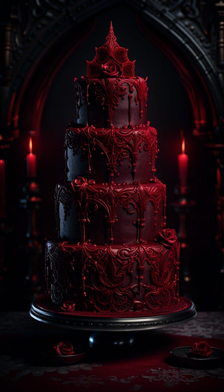 Elegant Gothic Cake with Red Lace: Dark Fantasy Art