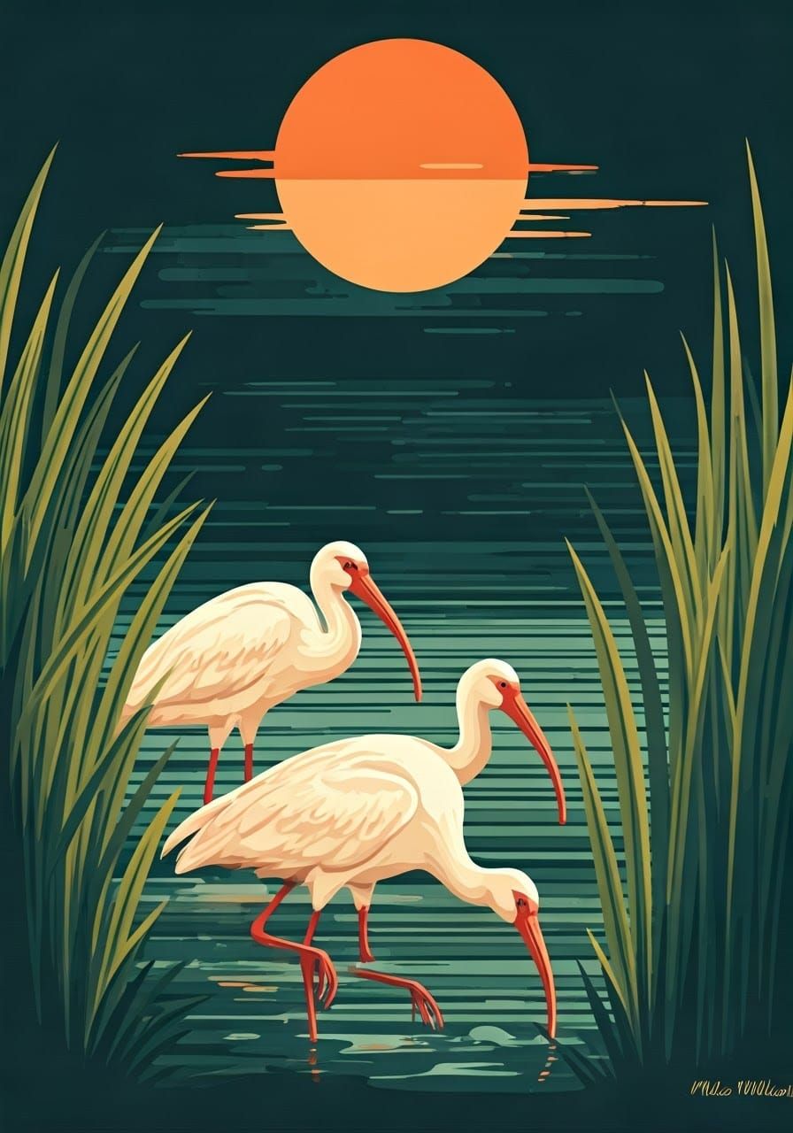 Surreal Vintage Landscape with Wading Birds in Shallow Water