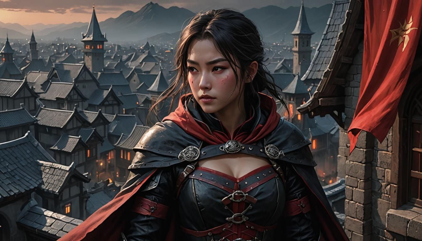 Gorgeous Assassin on Citadel Roof: Hyperrealistic Fantasy Ar...