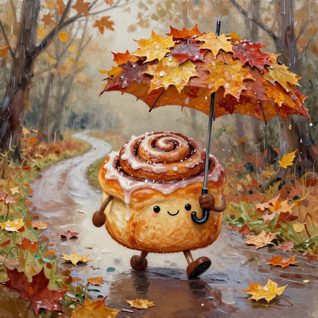 Cute Cinnamon Roll with Autumn Leaf Umbrella in Gouache Styl...