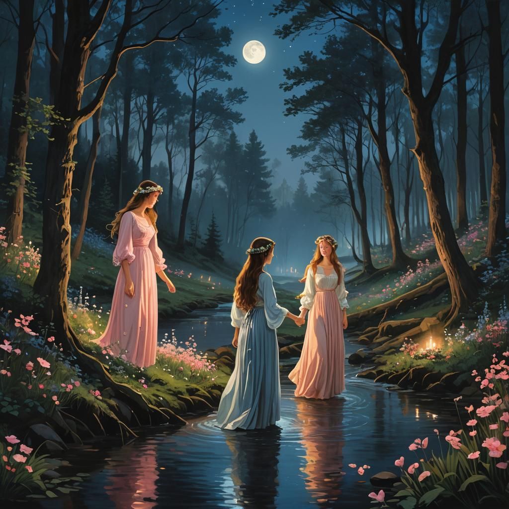 Moonlit Forest Stream: Women with Flower Wreaths