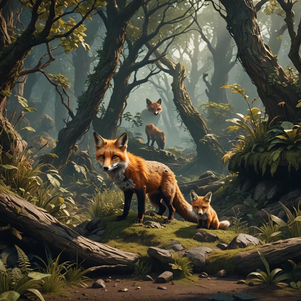 Fox Family Hiding: Detailed Matte Painting