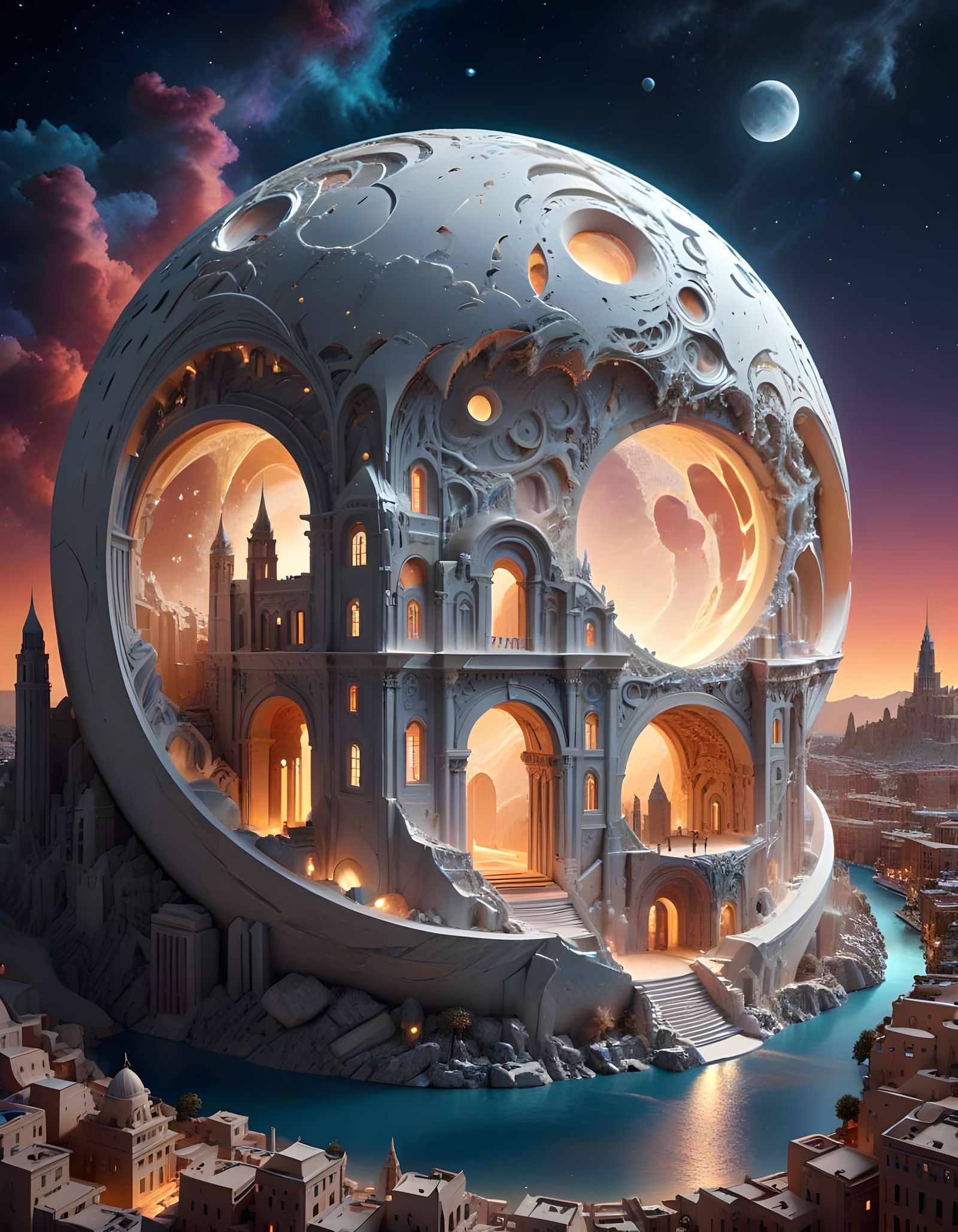 Futuristic Lunar City Carved Inside Hollow Moon