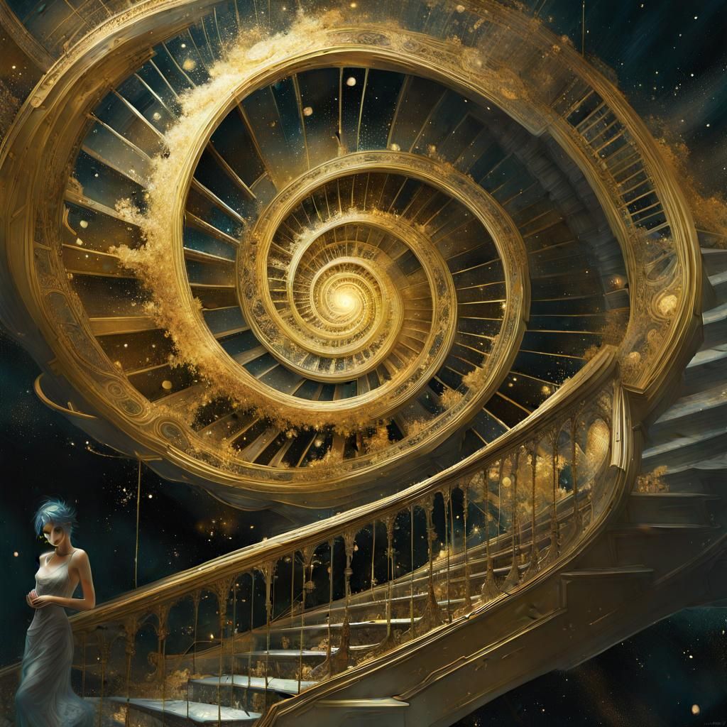 Gold Astral Spiral Staircase: Maximalist Galactic Painting
