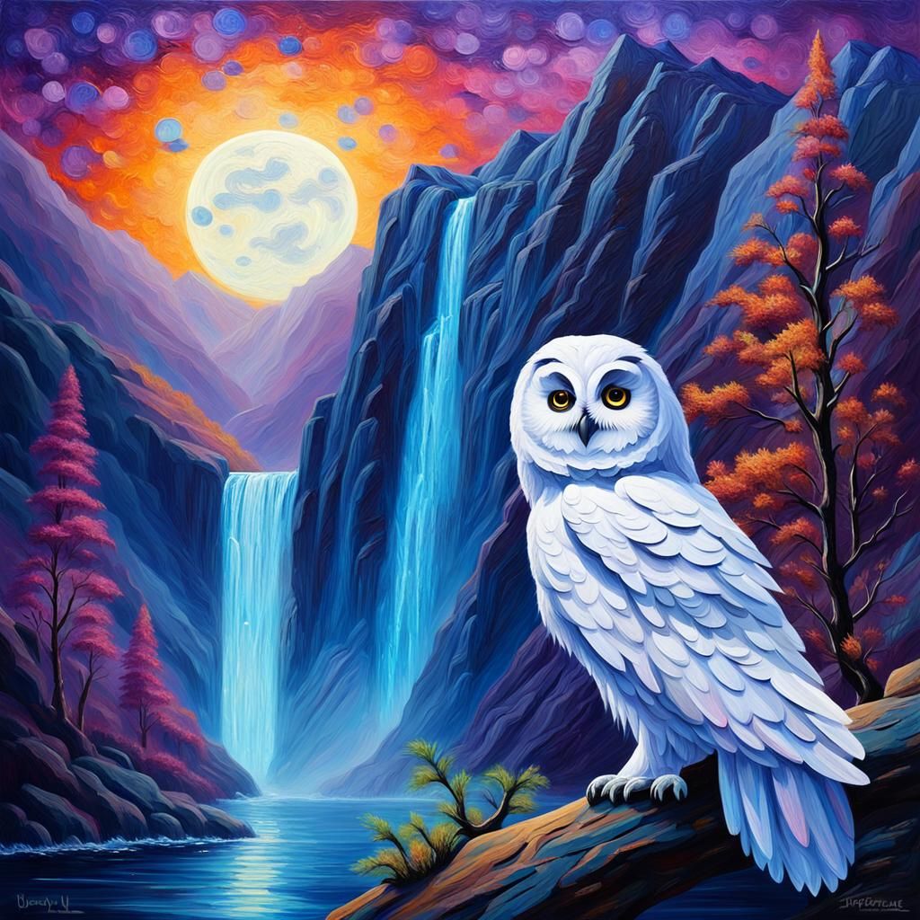 White Owl and Waterfall at Night as Impasto Painting