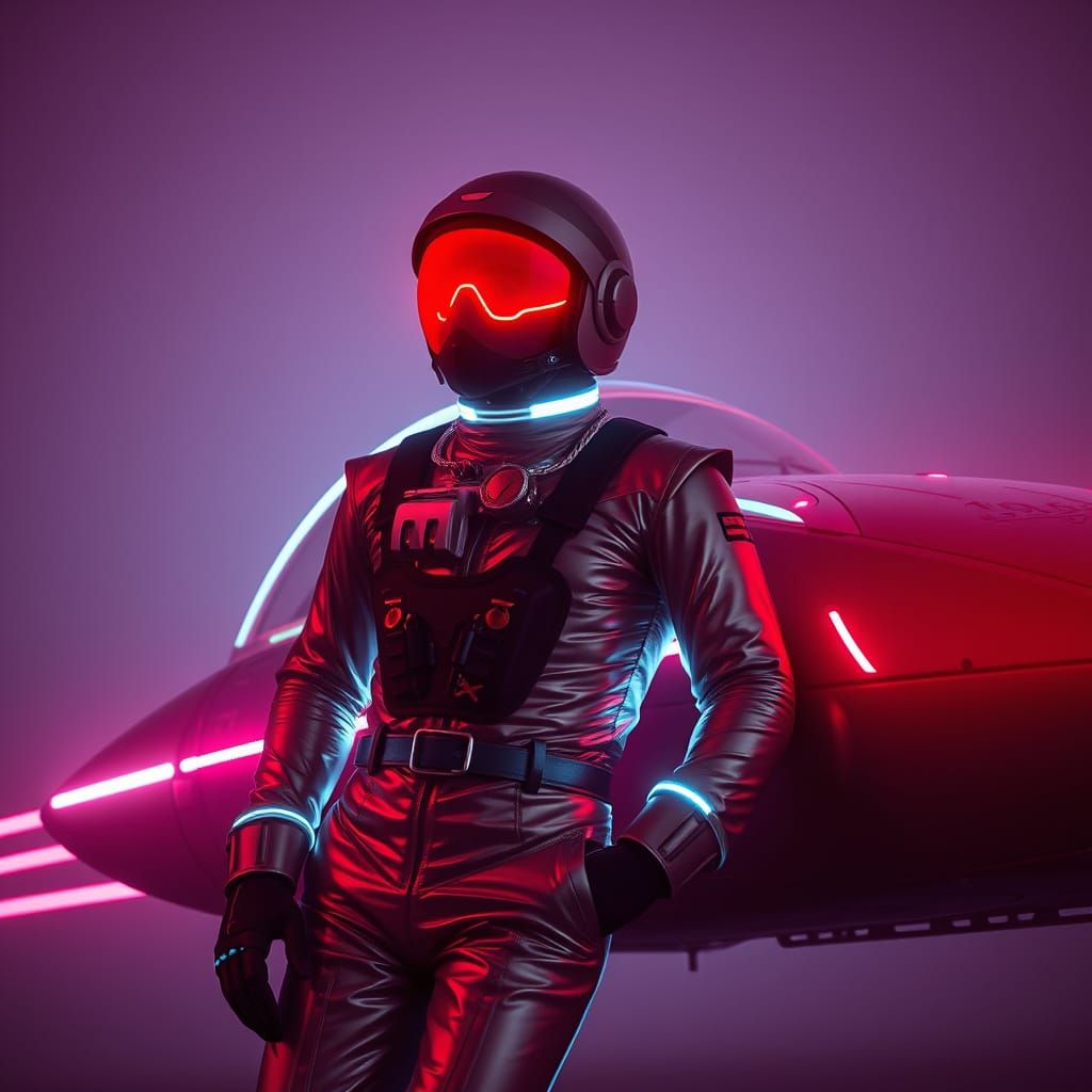 Retro Space Pilot Leans on Hovercar in Neon Glow