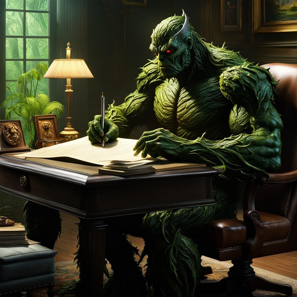 Swamp Thing writing a thank you note to some environmentalists in his living room. (3)