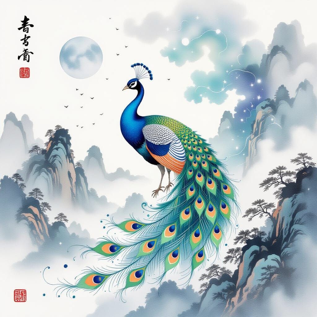 Celestial Peacock in Chinese Watercolor Style
