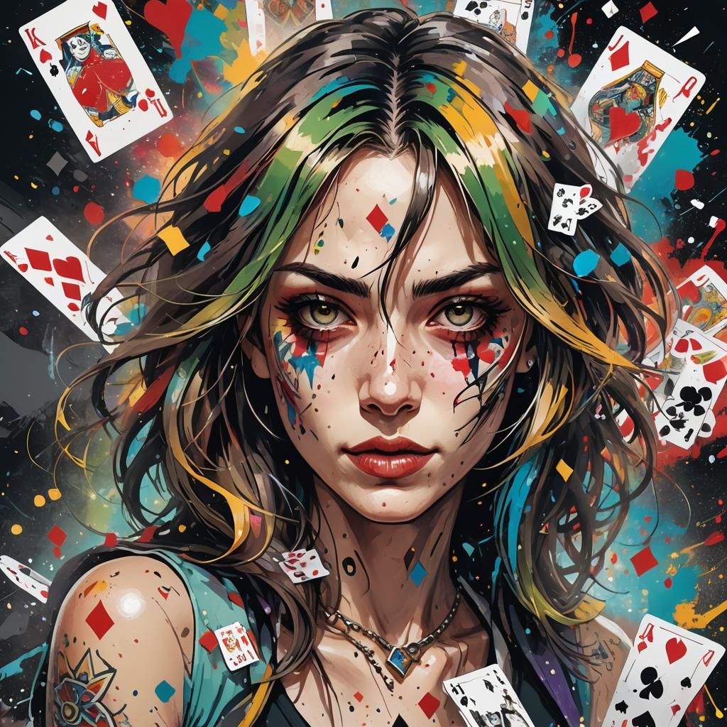 Poker Woman with Joker Card in Anime Style