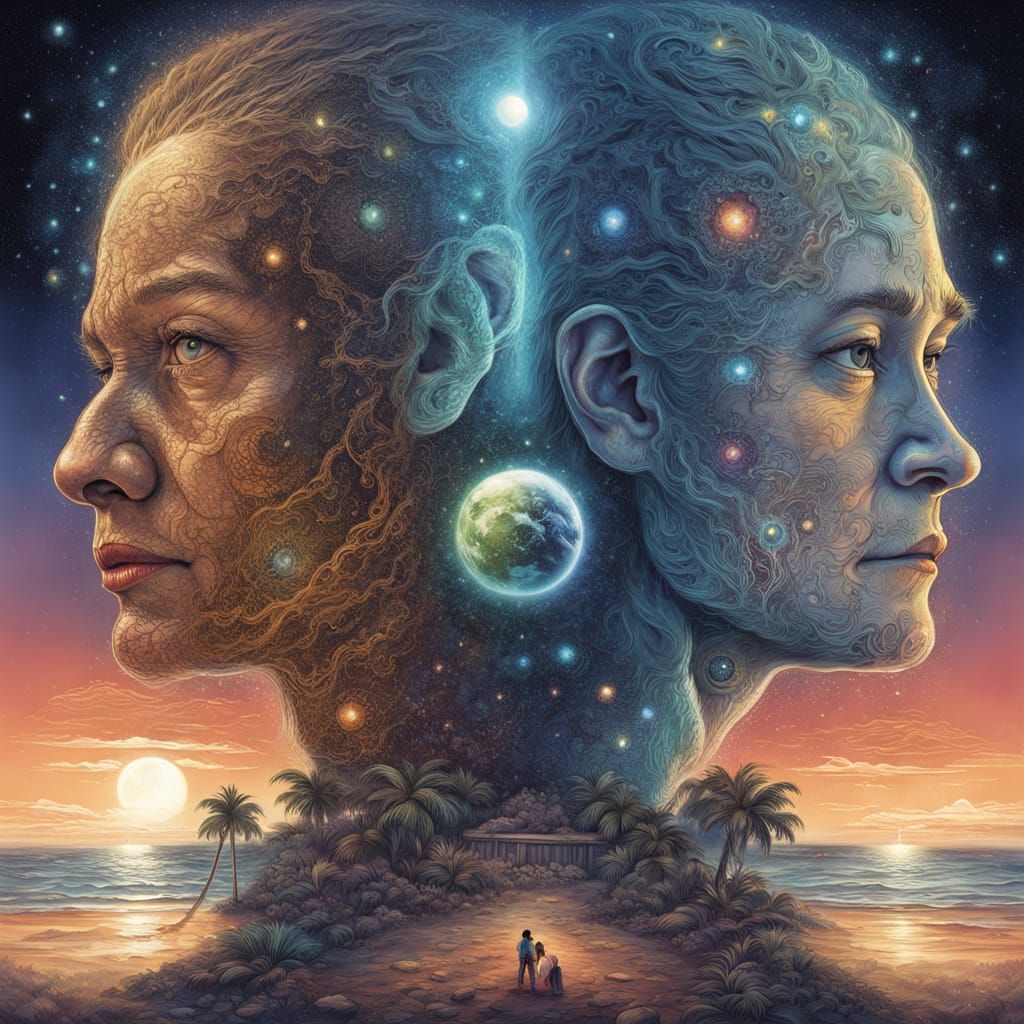 Ethereal Portrait of a Cosmic Beach within a Human Mind