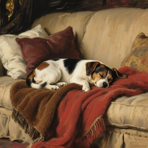 Dog and Kitten Sleep on Sofa, Dark Romanticism Style