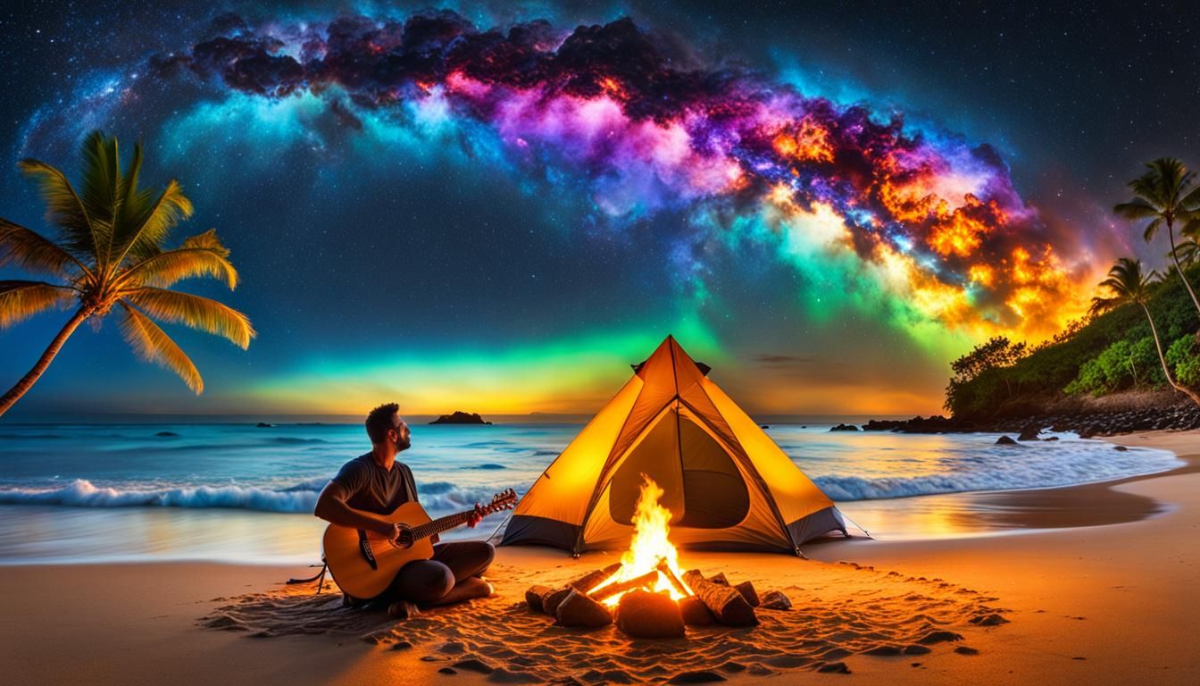 Tropical Beach Camping at Night in Glitch Art
