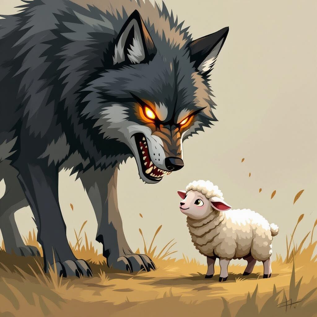 Timid Lamb and Intimidating Wolf in Ominous Standoff